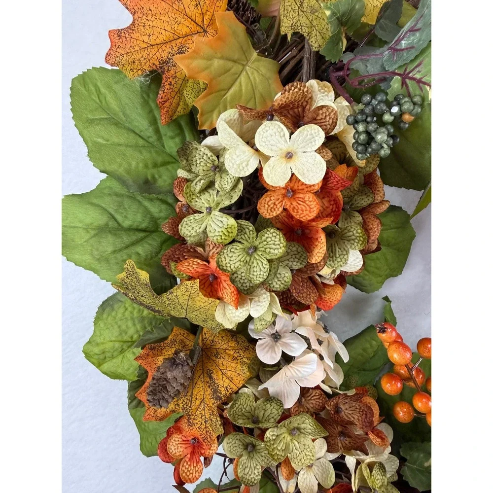Fall Grapevine Wreath Orange Hydrangea Burlap Bow Autumn Decor 22in